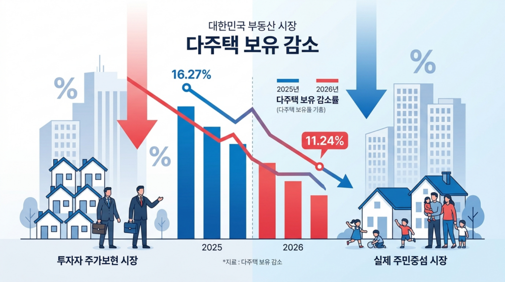실수요자 중심 시장으로 전환 ? 여러 주택 보유자 비율 지속 하락